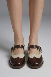 Edith Lewis | Two-Tone Brogue Mary Jane Flats in Oxblood & Cream