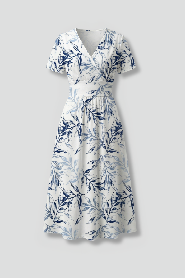 Eleanor Scott | Botanical Leaf Print Midi Dress in Navy & White
