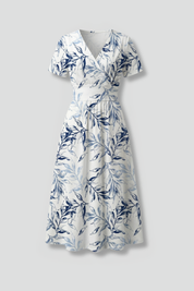Eleanor Scott | Botanical Leaf Print Midi Dress in Navy & White