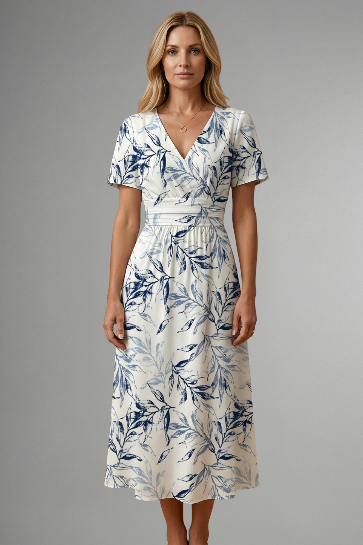 Eleanor Scott | Botanical Leaf Print Midi Dress in Navy & White