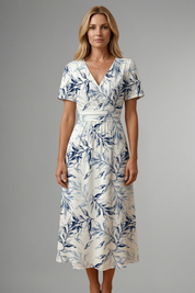 Eleanor Scott | Botanical Leaf Print Midi Dress in Navy & White
