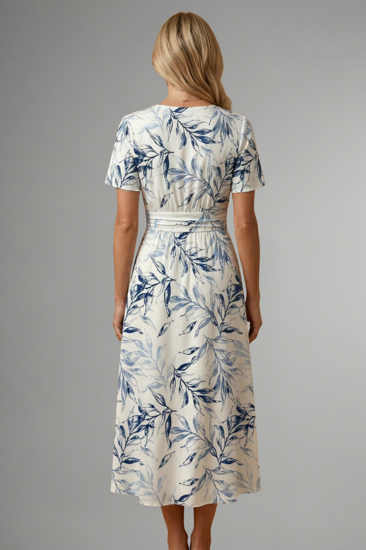 Eleanor Scott | Botanical Leaf Print Midi Dress in Navy & White