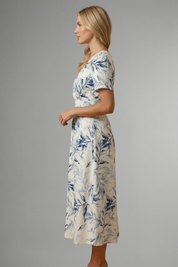 Eleanor Scott | Botanical Leaf Print Midi Dress in Navy & White
