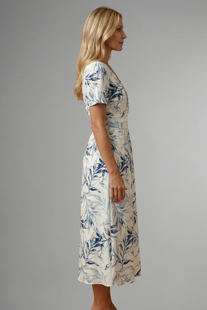Eleanor Scott | Botanical Leaf Print Midi Dress in Navy & White