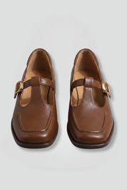 Phoebe Morris | T-Strap Mary Jane Flats in Tan Leather with Gold Buckle