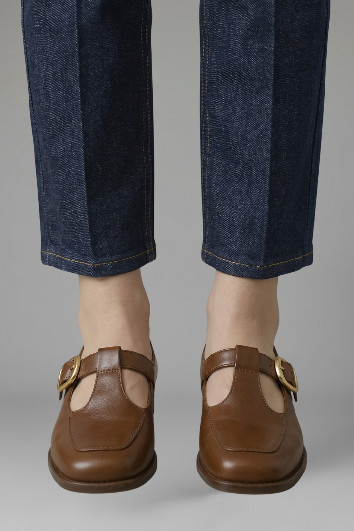 Phoebe Morris | T-Strap Mary Jane Flats in Tan Leather with Gold Buckle