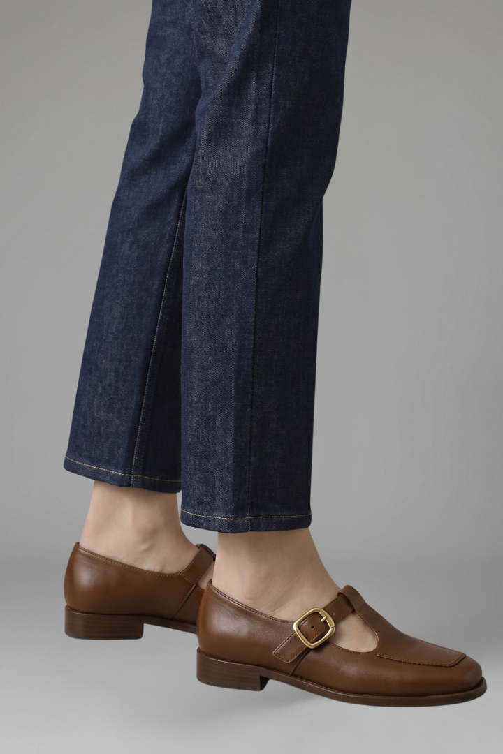 Phoebe Morris | T-Strap Mary Jane Flats in Tan Leather with Gold Buckle