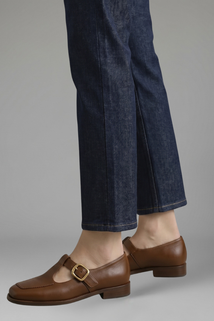 Phoebe Morris | T-Strap Mary Jane Flats in Tan Leather with Gold Buckle