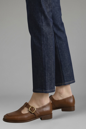 Phoebe Morris | T-Strap Mary Jane Flats in Tan Leather with Gold Buckle