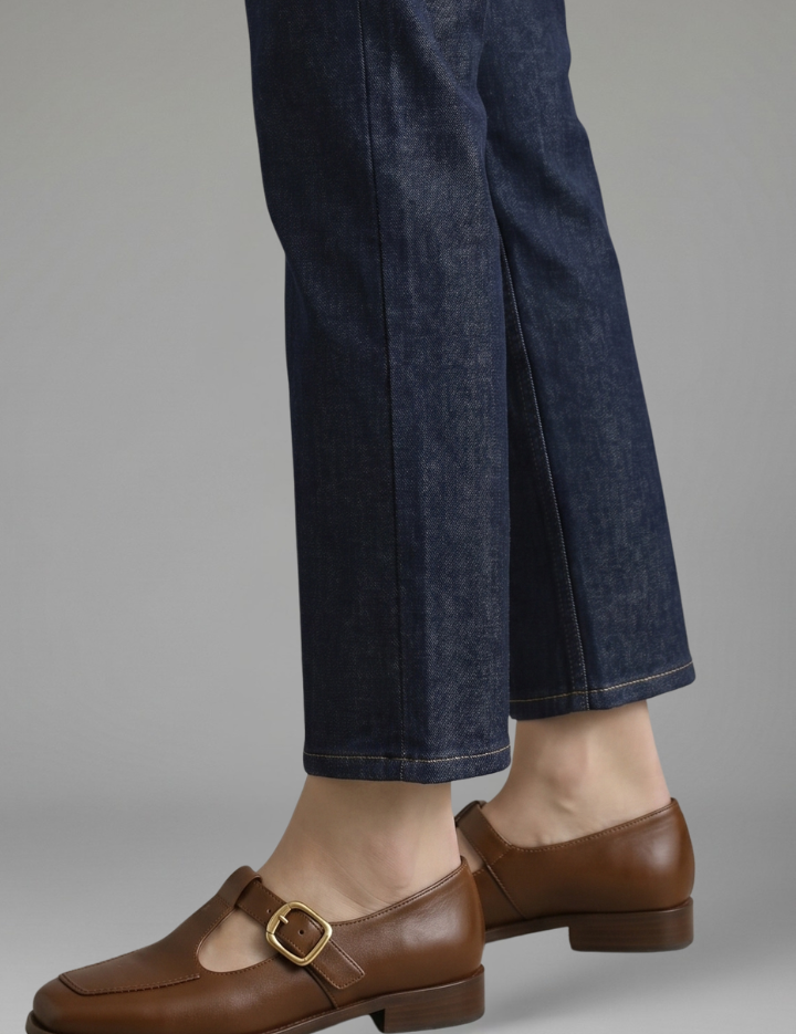 Phoebe Morris | T-Strap Mary Jane Flats in Tan Leather with Gold Buckle