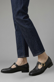 Phoebe Morris | T-Strap Mary Jane Flats in Tan Leather with Gold Buckle