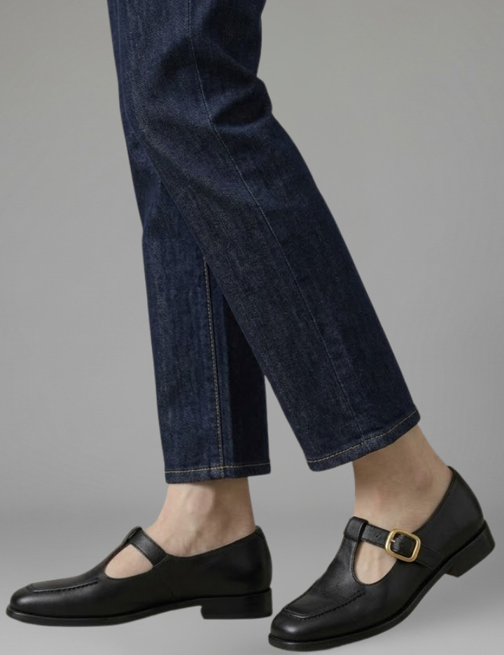 Phoebe Morris | T-Strap Mary Jane Flats in Tan Leather with Gold Buckle