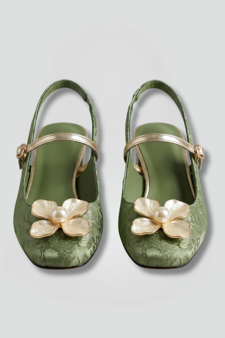Verity Robinson | Green Jacquard Slingback Pumps with Pearl Flower Detail