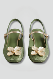 Verity Robinson | Green Jacquard Slingback Pumps with Pearl Flower Detail