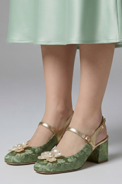 Verity Robinson | Green Jacquard Slingback Pumps with Pearl Flower Detail
