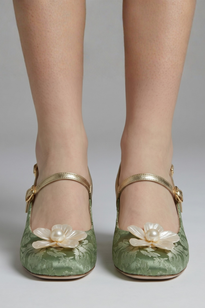 Verity Robinson | Green Jacquard Slingback Pumps with Pearl Flower Detail