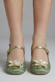 Verity Robinson | Green Jacquard Slingback Pumps with Pearl Flower Detail