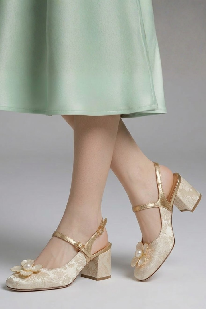 Verity Robinson | Green Jacquard Slingback Pumps with Pearl Flower Detail