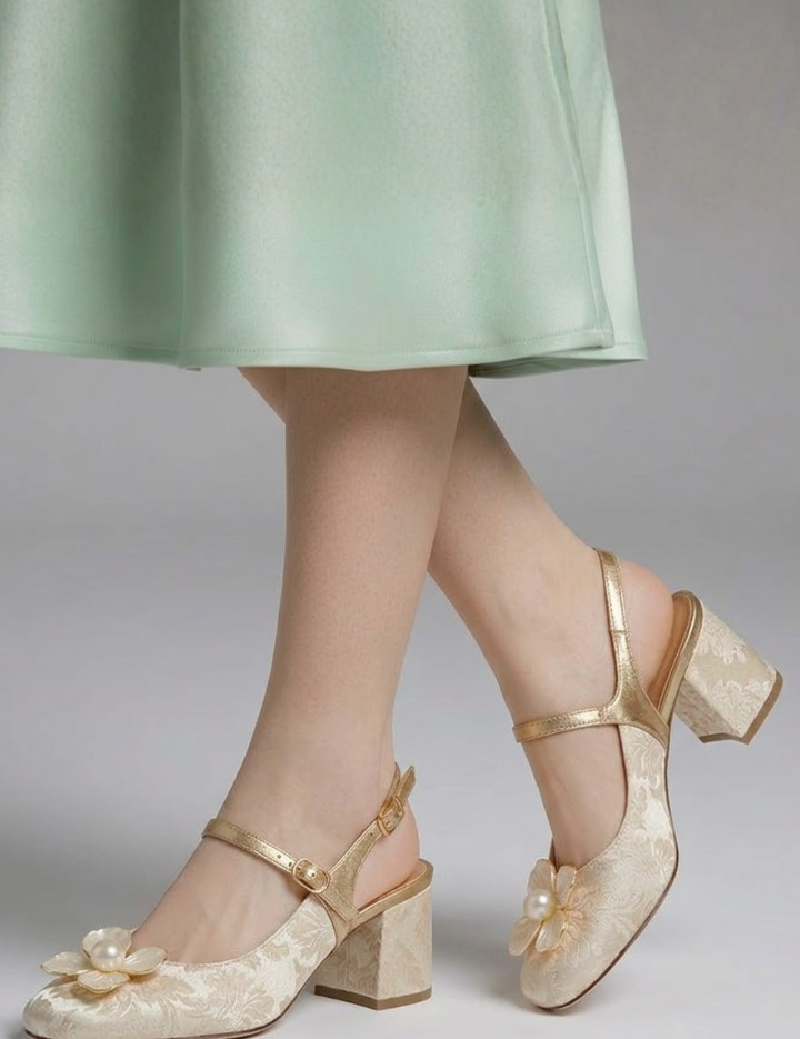 Verity Robinson | Green Jacquard Slingback Pumps with Pearl Flower Detail