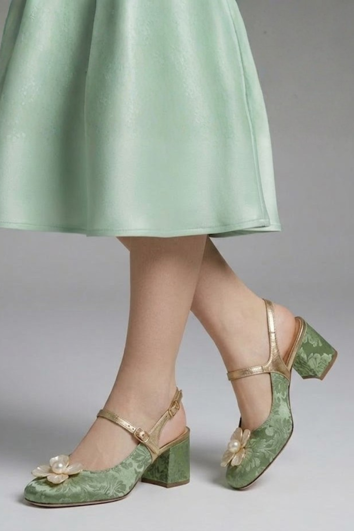 Verity Robinson | Green Jacquard Slingback Pumps with Pearl Flower Detail