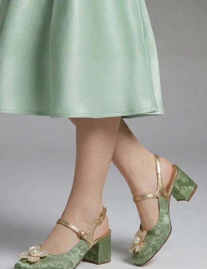 Verity Robinson | Green Jacquard Slingback Pumps with Pearl Flower Detail