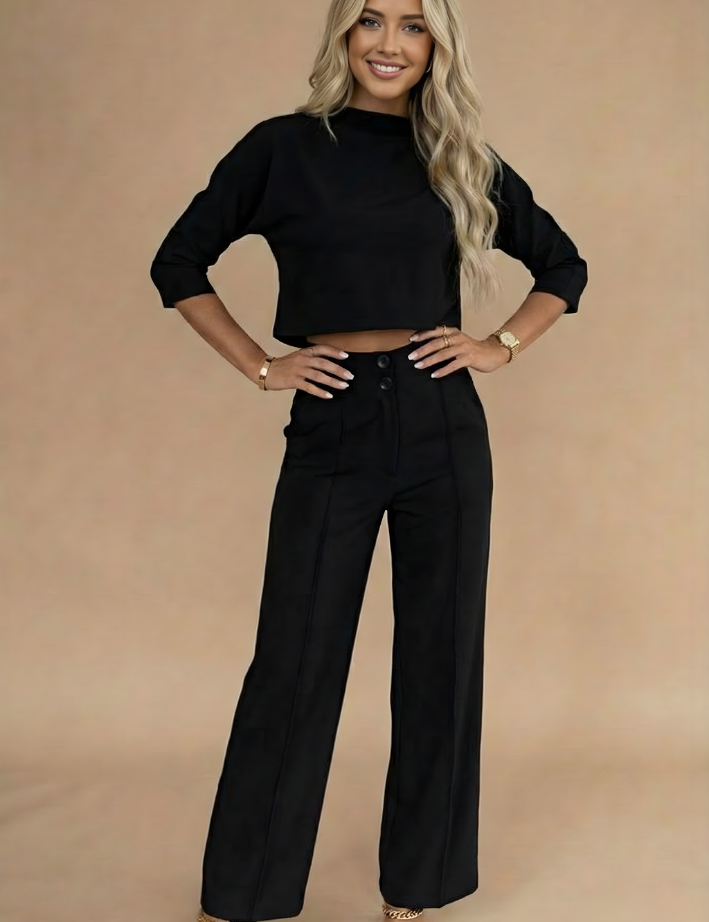 Selina Stone | Cropped Top & High-Waisted Trousers Set