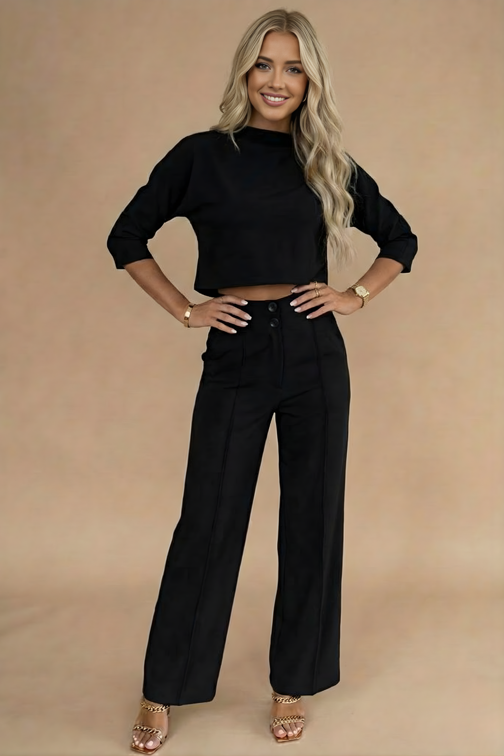 Selina Stone | Cropped Top & High-Waisted Trousers Set