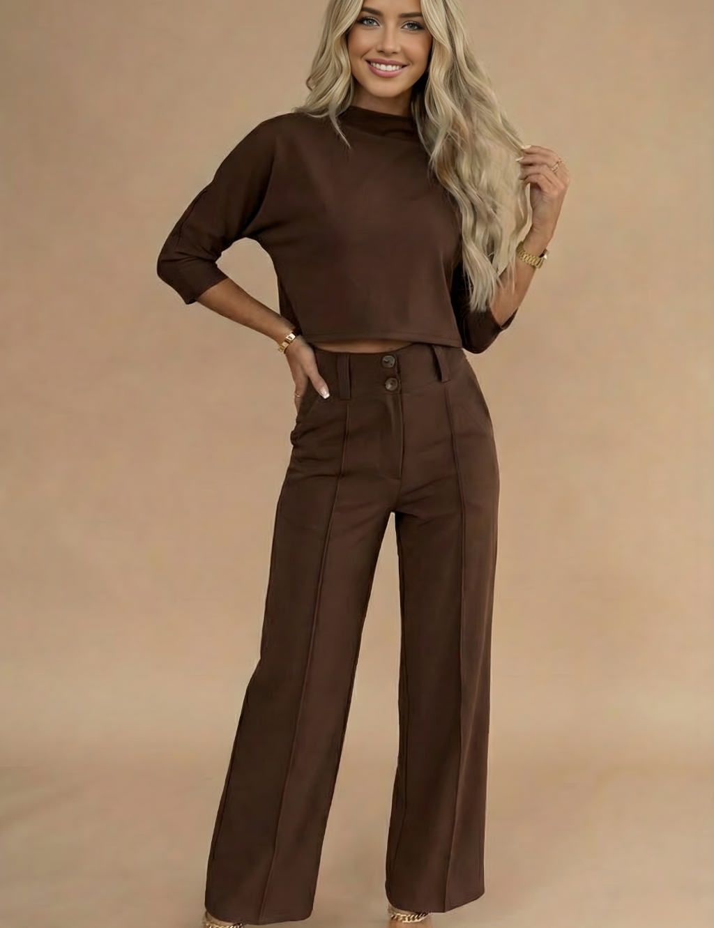 Selina Stone | Cropped Top & High-Waisted Trousers Set
