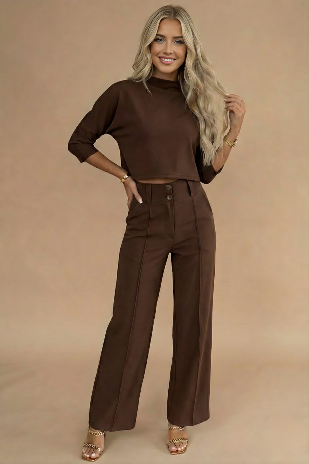 Selina Stone | Cropped Top & High-Waisted Trousers Set