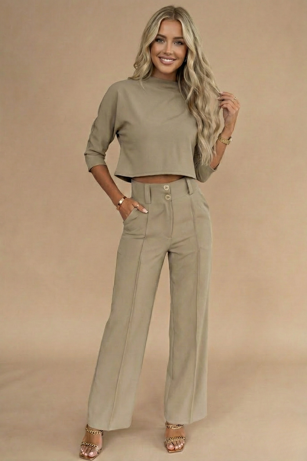 Selina Stone | Cropped Top & High-Waisted Trousers Set
