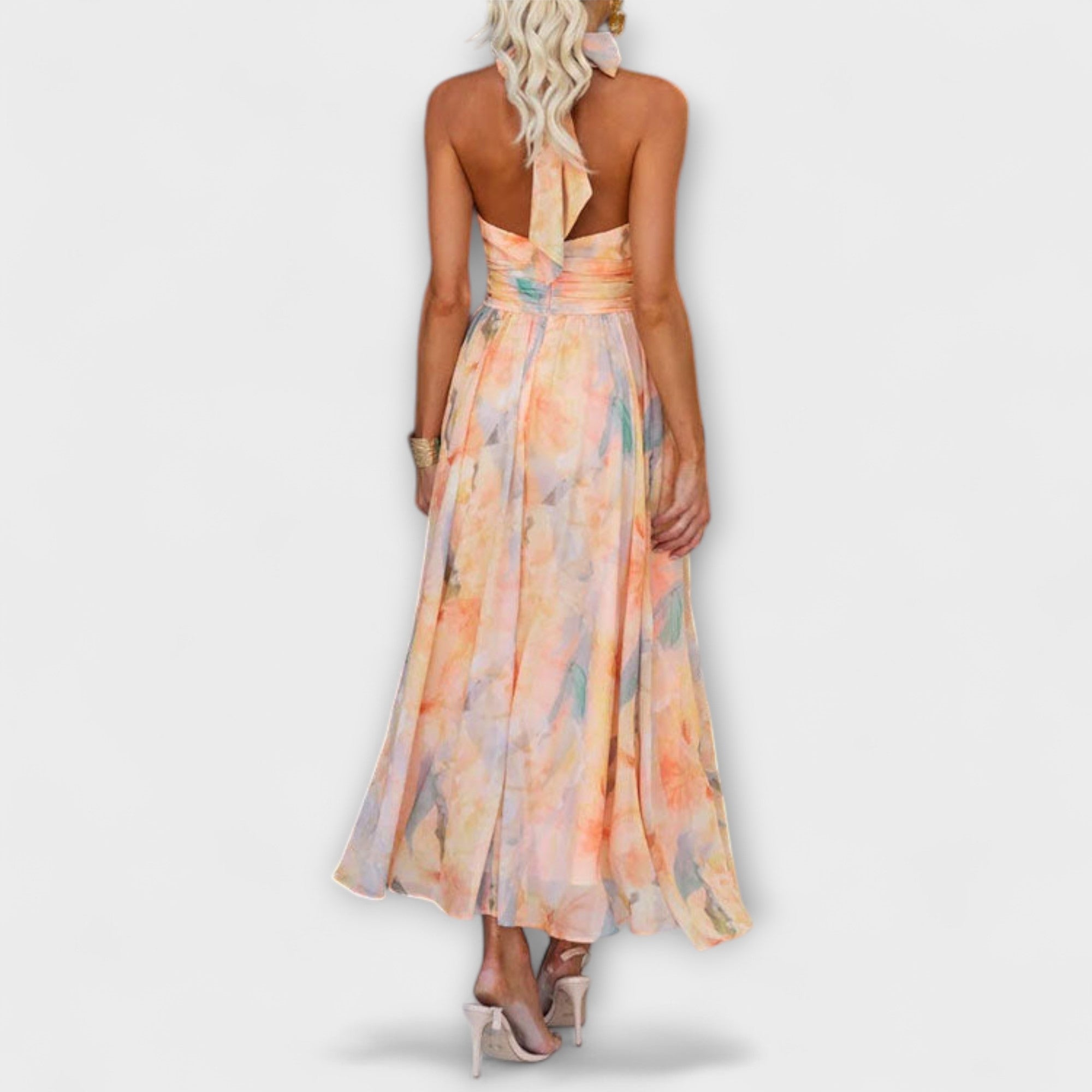 Aveline Dubois | Watercolor Print Peach Halter Maxi Dress