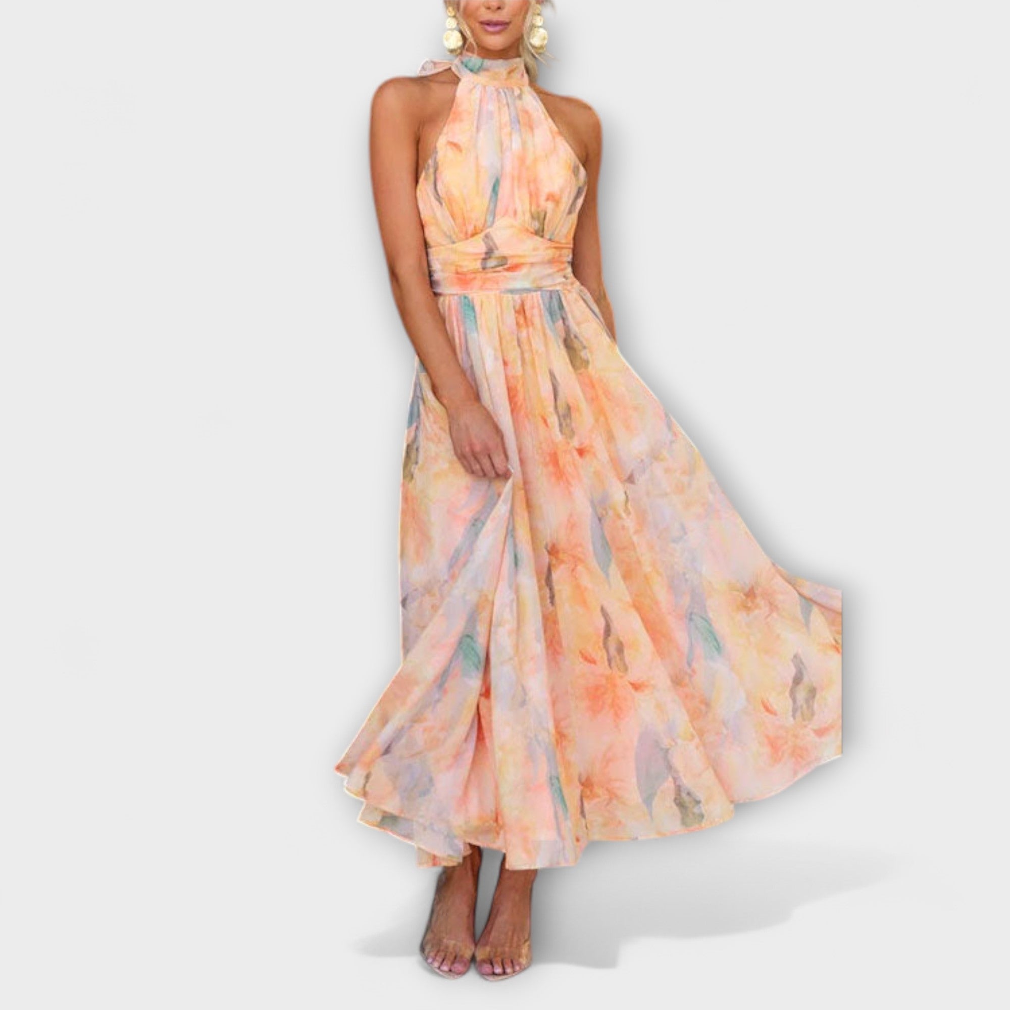 Aveline Dubois | Watercolor Print Peach Halter Maxi Dress