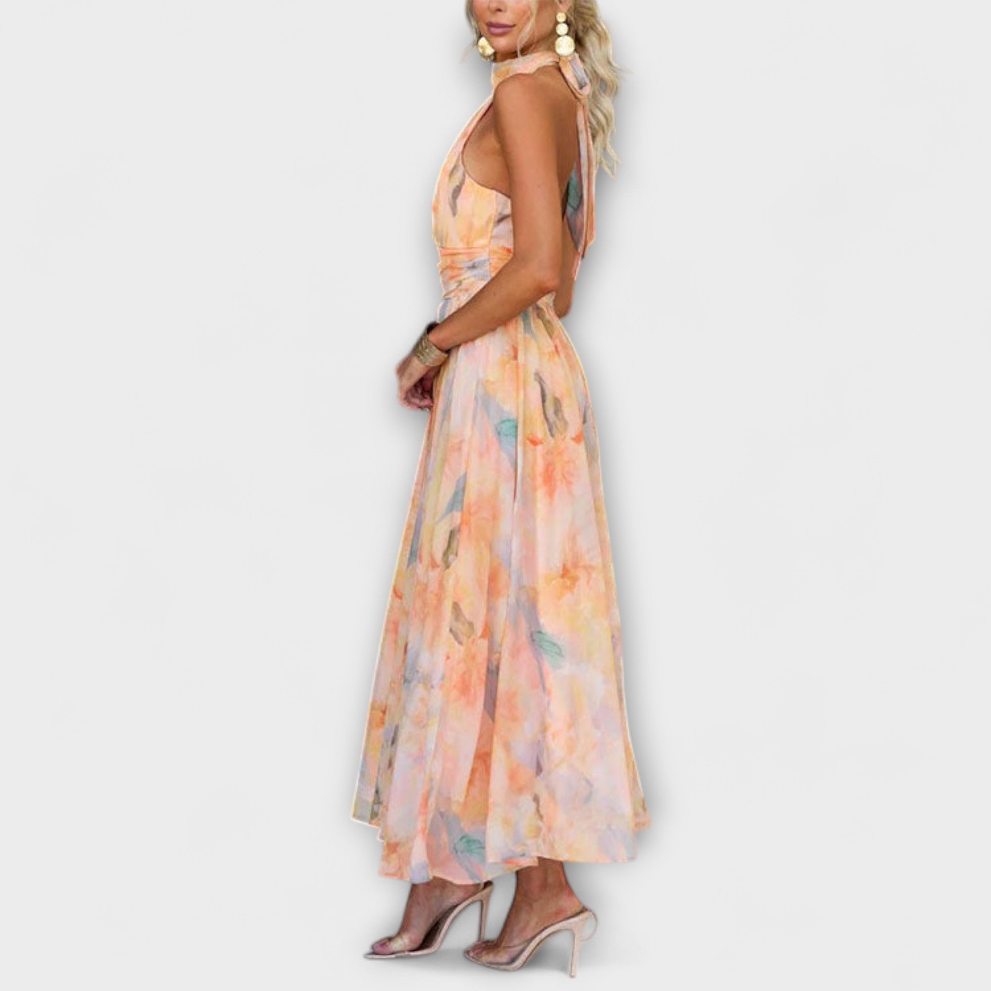 Aveline Dubois | Watercolor Print Peach Halter Maxi Dress