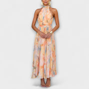 Aveline Dubois | Watercolor Print Peach Halter Maxi Dress