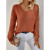 Matilda Evans | Elegant V-Neck Knit Sweater with Open-Knit Sleeves