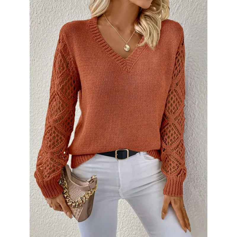 Matilda Evans | Elegant V-Neck Knit Sweater with Open-Knit Sleeves