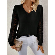 Matilda Evans | Elegant V-Neck Knit Sweater with Open-Knit Sleeves