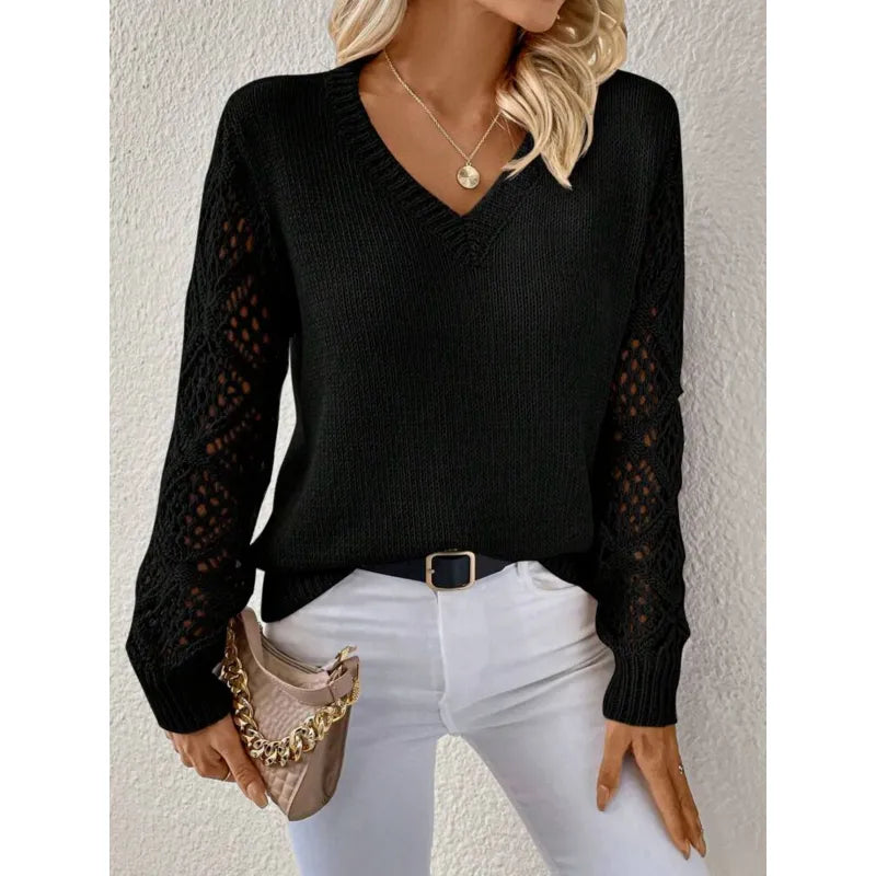 Matilda Evans | Elegant V-Neck Knit Sweater with Open-Knit Sleeves