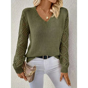 Matilda Evans | Elegant V-Neck Knit Sweater with Open-Knit Sleeves