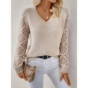 Matilda Evans | Elegant V-Neck Knit Sweater with Open-Knit Sleeves