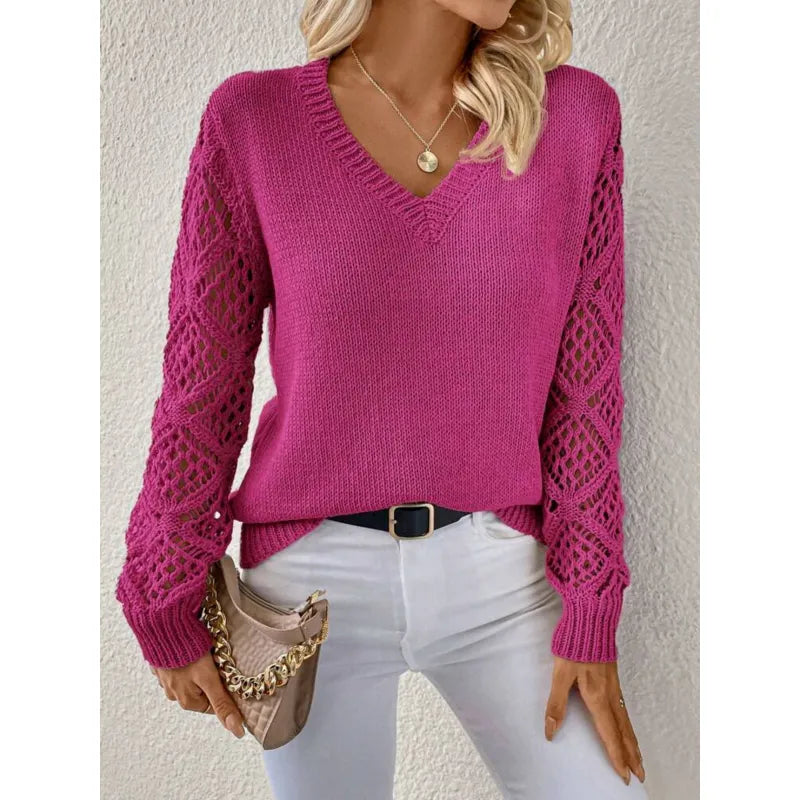 Matilda Evans | Elegant V-Neck Knit Sweater with Open-Knit Sleeves