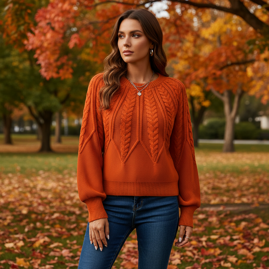 Verity Sanderson | Cable Knit Autumn Sweater – Warm Rust Statement Knit