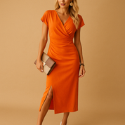 Marcella DuPont | Women’s Midi Dress with V-Neck – Elegant Fit with Front Split for Day and Evening Wear
