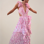 Bianca Whitmore | Deep V Ruffled Floral Backless Maxi Dress