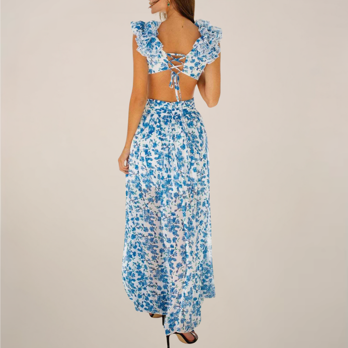 Bianca Whitmore | Deep V Ruffled Floral Backless Maxi Dress