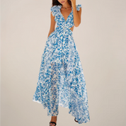Bianca Whitmore | Deep V Ruffled Floral Backless Maxi Dress