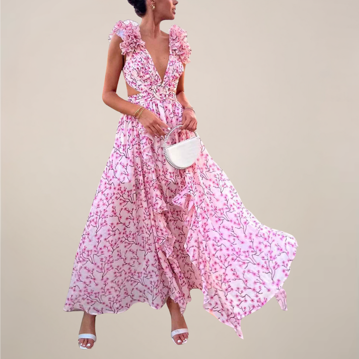 Bianca Whitmore | Deep V Ruffled Floral Backless Maxi Dress