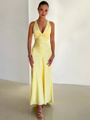 Amélie Rousseau | Women’s Satin Halter Neck Maxi Dress – Ruched Backless Evening Gown