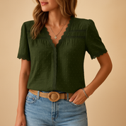 Lydia Hawthorne | Women's Swiss Dot V-Neck Lace Trim Blouse