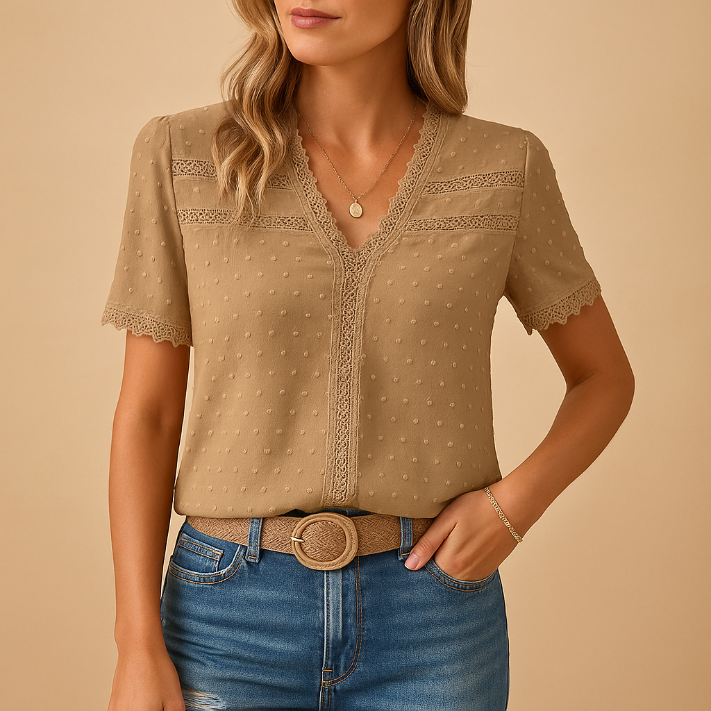 Lydia Hawthorne | Women's Swiss Dot V-Neck Lace Trim Blouse